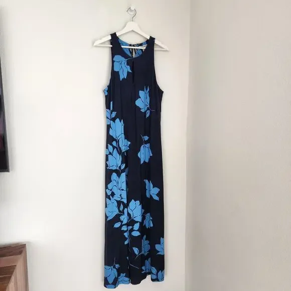 Tommy Bahama Navy Blue Tropical Floral Sleeveless Maxi Dress Keyhole L - Picture 6 of 9